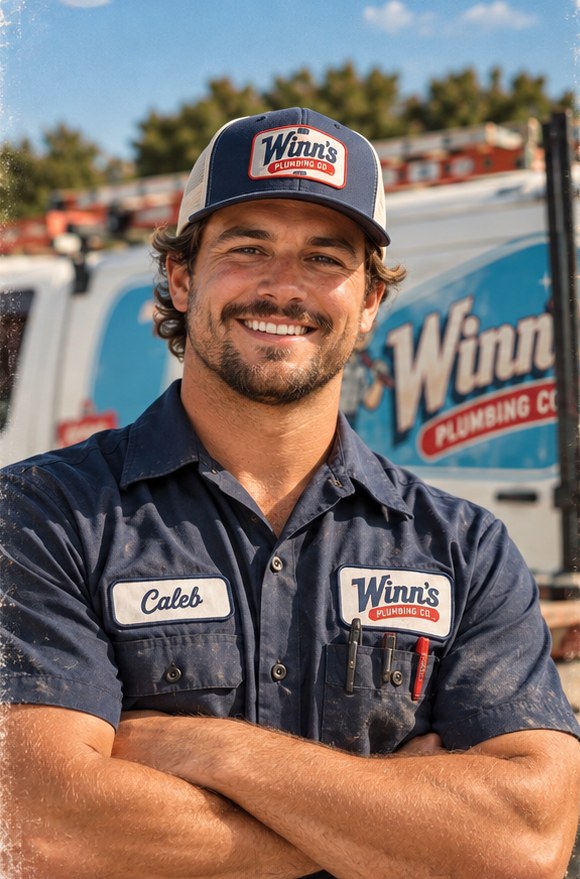 Caleb, part of the Winnies Plumbing crew, in uniform in front of a Winnies van