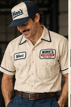 A Winnies plumber wearing the cream uniform shirt with Winnies patches and a Winnies cap