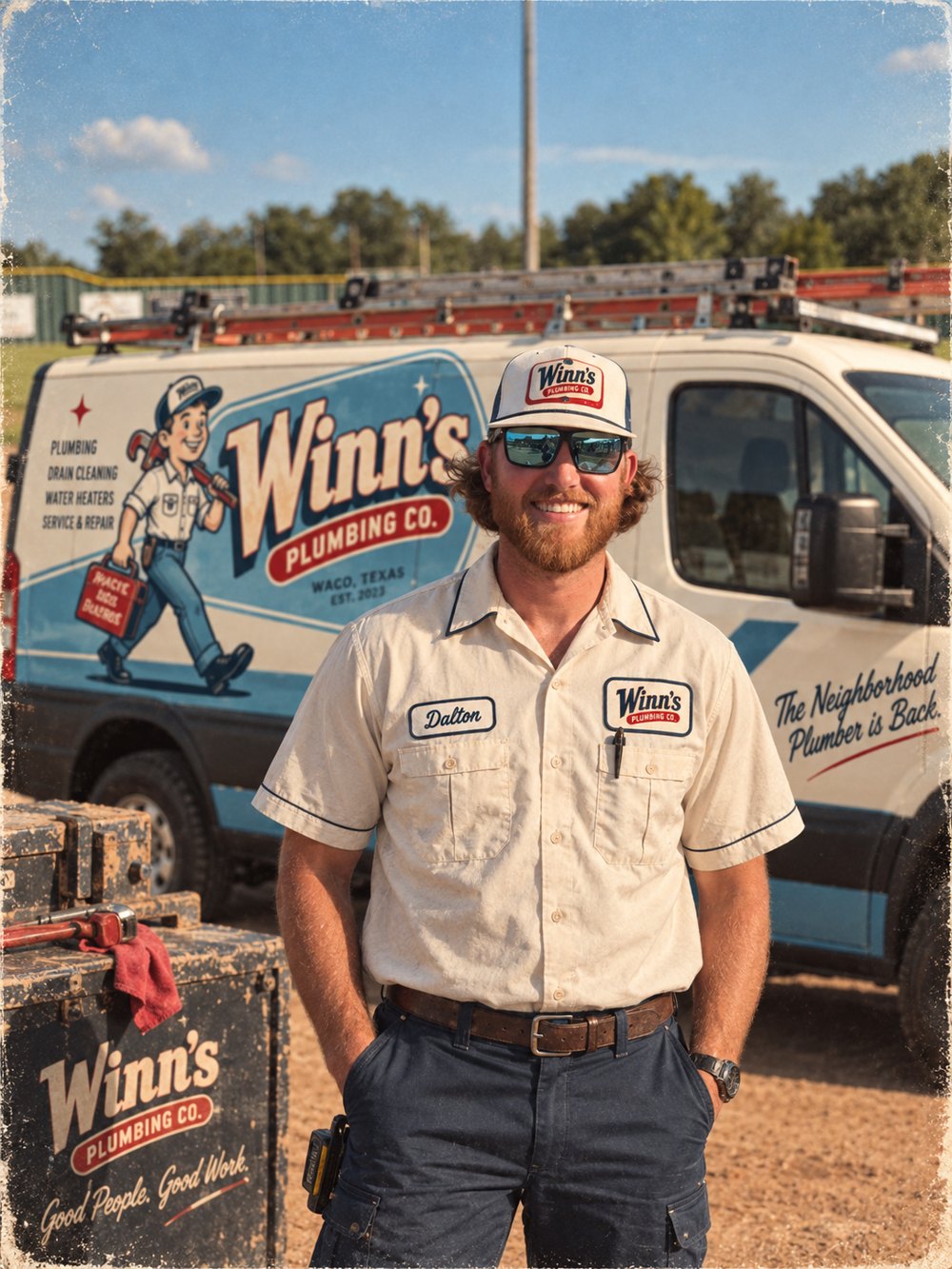 Dalton Winn, owner of Winnies Plumbing, standing in front of a Winnies van in Waco