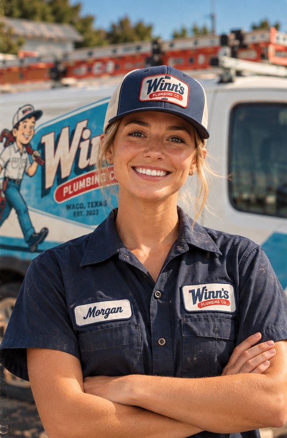 Morgan, part of the Winnies Plumbing crew, in uniform in front of a Winnies van