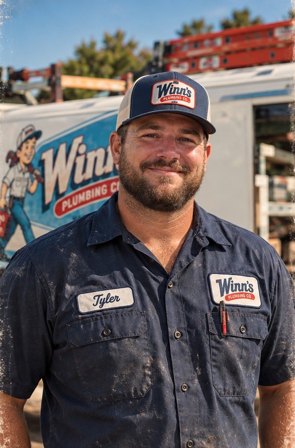 Tyler, part of the Winnies Plumbing crew, in uniform in front of a Winnies van